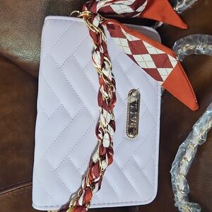 NWT Feminine Small Quilted Crossbody Bag Braided Chain Strap w Scarf Purse Charm